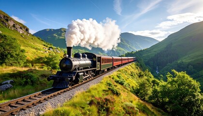 Scenic mountain railway train journey through lush greenery.