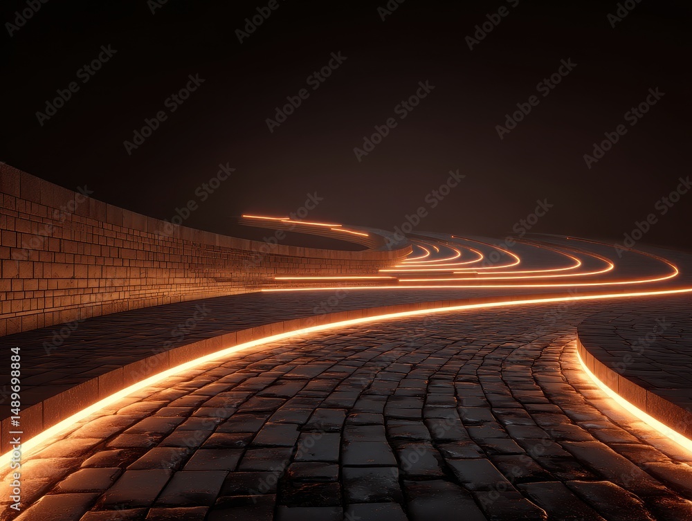 Poster serene night pathway with glowing lines travelling through a dark and mysterious atmosphere in a mod