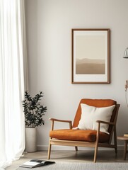 Roomy living room shows an interior scene with chair and artwork