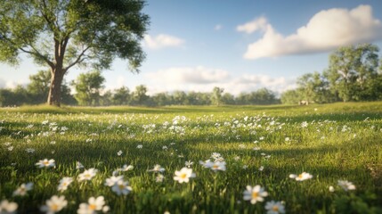 Sunny meadow, daisies, trees, peaceful landscape, spring background