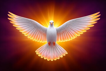 A dove made of fire descending from clouds into a worship service