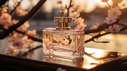 A luxurious perfume bottle rests on a reflective surface, bathed in the golden light of sunset. Delicate pink blossoms softly blur in the background, creating a serene and elegant atmosphere.