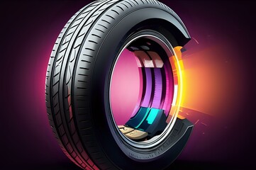 A captivating close-up shot of a tire, meticulously detailed, reveals its inner layers in vibrant, contrasting colors against a dark background, creating a visually striking image.
