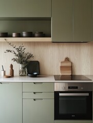 A kitchen design with olive green cabinets and wooden elements