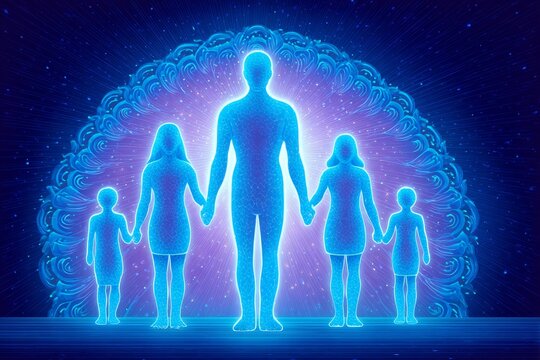 A family in unity surrounded by a glowing white aura of peace