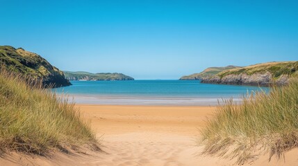 A serene beach with golden sands and clear waters. This stunning landscape invites relaxation and adventure. Ideal for travel inspiration and nature lovers. Generative AI