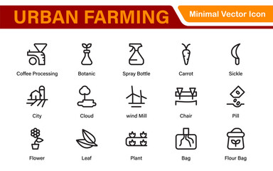 Modern Urban Farming Icons for Community Gardens – Clean Outline, Line Art, Vector Illustrations for Sustainable Farming, Urban Green Projects, and Apps