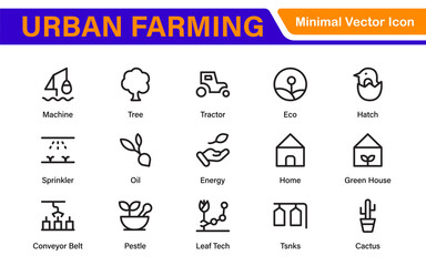 Modern Urban Farming Icons for Community Gardens – Clean Outline, Line Art, Vector Illustrations for Sustainable Farming, Urban Green Projects, and Apps
