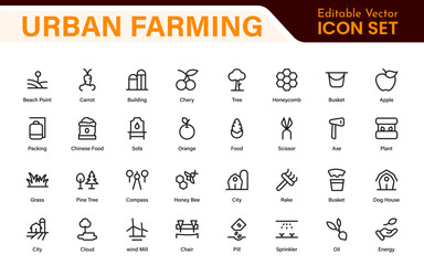Modern Urban Farming Icons for Community Gardens – Clean Outline, Line Art, Vector Illustrations for Sustainable Farming, Urban Green Projects, and Apps