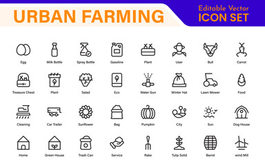 Modern Urban Farming Icons for Community Gardens – Clean Outline, Line Art, Vector Illustrations for Sustainable Farming, Urban Green Projects, and Apps