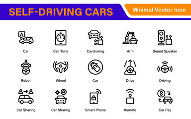 Autonomous Vehicles Self-Driving Car Icons – Minimal Line Vector Illustrations for Smart Transportation, Electric Cars, Future Mobility.