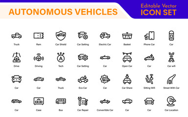 Autonomous Vehicles Self-Driving Car Icons – Minimal Line Vector Illustrations for Smart Transportation, Electric Cars, Future Mobility.