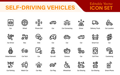 Autonomous Vehicles Self-Driving Car Icons – Minimal Line Vector Illustrations for Smart Transportation, Electric Cars, Future Mobility.