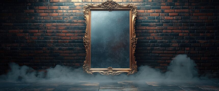 ornate gold framed mirror hanging on a dark brick wall with fog rolling along the floor creating a mysterious atmosphere