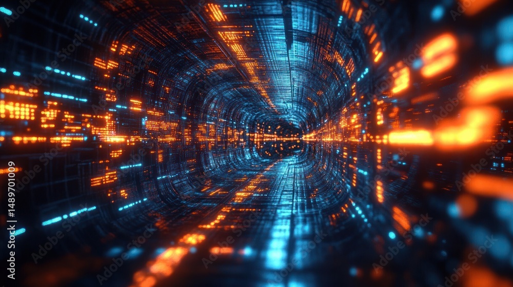 Poster futuristic digital tunnel with glowing orange and blue lights forming a high-tech corridor creating 
