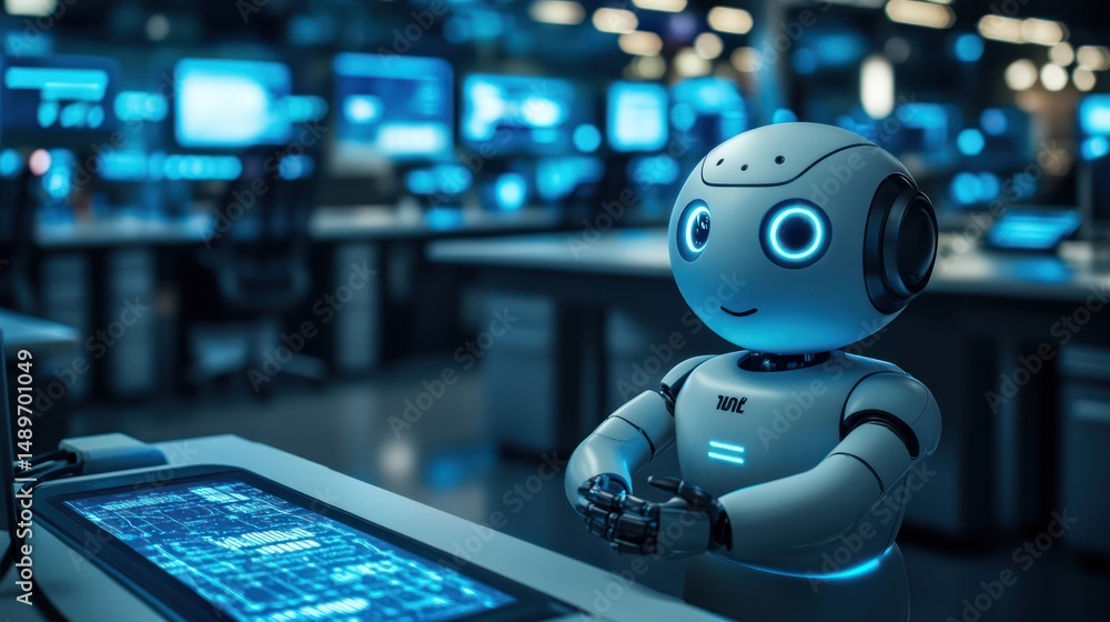 Poster robot working in tech control center