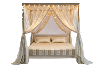 PNG Elegant canopy bed with fairy lights and luxurious drapes
