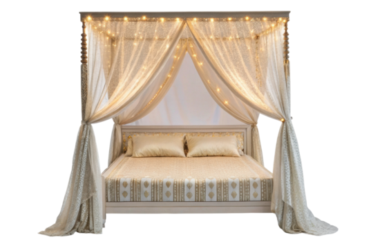 PNG Elegant canopy bed with fairy lights and luxurious drapes
