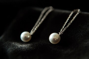 Fototapeta premium Elegant pearl earrings on a dark fabric backdrop.