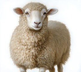 Fototapeta premium Close-up of a fluffy white sheep with curly wool looking calmly forward against a plain white background