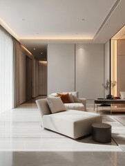 A modern architectural interior showing a contemporary living room setting
