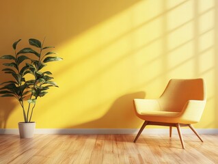A bright indoor scene showing an empty chair and a potted plant