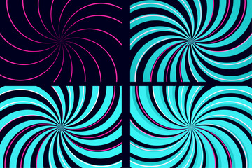Psychedelic Spiral Pattern Set - Pink and Turquoise Hypnotic Swirls background. Vibrant Retro Radial Patterns in Teal and Magenta. A set of four vibrant, geometric radial patterns in teal and magenta.