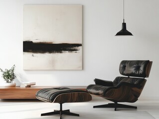 A modern minimalist interior shows a cozy armchair and ottoman