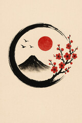 Serene cherry blossom and mount fuji art japan ink painting minimalist design aesthetic view nature concept