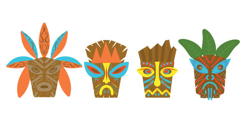 Traditional Hawaiian tiki masks set. Cartoon vector illustration set of wooden tribal culture statue head. 