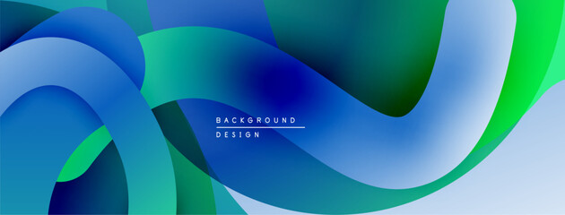Abstract fluid shapes, vibrant blues, greens create dynamic background. Smooth gradients, modern design elements present.