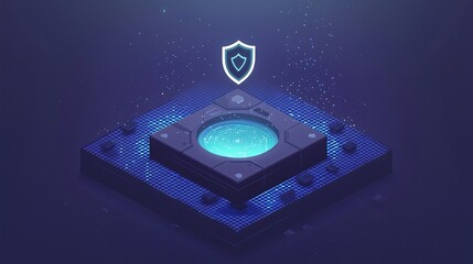digital landscape showing shield icon in center where binary-coded data streams flow into a single point, blue tones and space left on side Single Gateway data shield, isometric view, binary 
