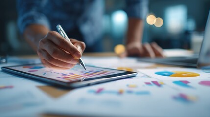 Analyzing Analytics: A focused individual meticulously reviews statistical data, charting a course for future success within a dynamic and fast-paced business realm.