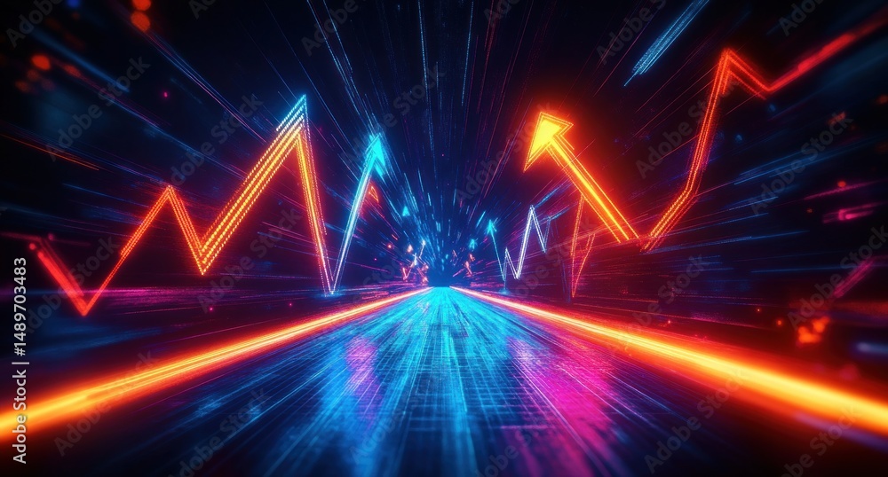 Poster colorful neon lines resembling financial or data graphs rising and falling above a glowing futuristi