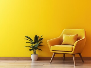 A yellow armchair and houseplant sits against a yellow wall