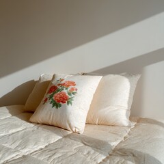 Frame with floral painting on soft beige wall, scattered window light patterns
