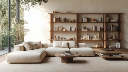 Modern living room with large beige sectional sofa, round wooden coffee table, wall-mounted wooden shelves filled with books and decorative items, bright natural light from large glass window