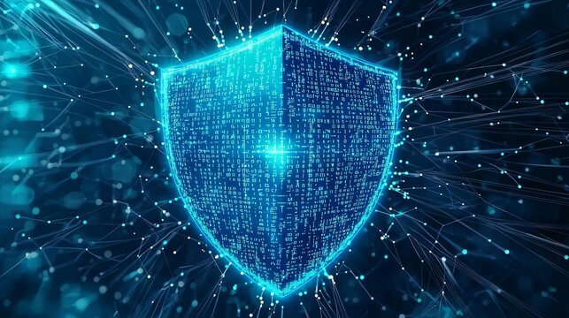 glowing blue digital shield with binary code patterns, surrounded by streams of data flowing inward toward a central gateway. The shield emits a protective energy field with circuit-like designs. 