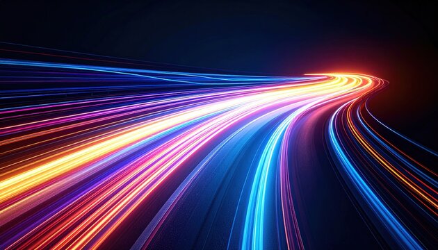 Dynamic multicolored light trails curving through darkness.