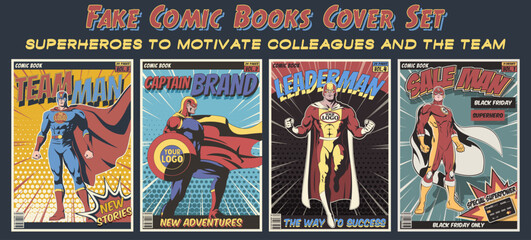 Superheroes Fake Comics Cover Set. Captain Brand, Sale Man, Leaderman, Team Man Illustrations. Vector Templates for Your Corporate Posters, Postcards
