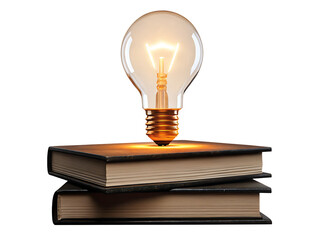 Glowing light bulb above books isolated on white background PNG
