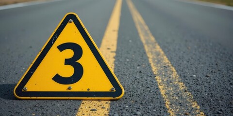 A weathered yellow triangular warning sign with a prominent number three rests on a paved road surface marked with double yellow lines.