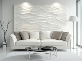 A white sofa and wall with relief patterns are present