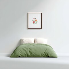 Decorative vintage frame in floral-themed bedroom, soft romantic light