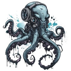 Cybernetic Octopus Ink Splash On White Background