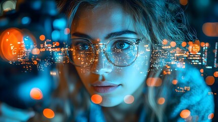 Senior Woman in Glasses Examining Abstract Technology at Night