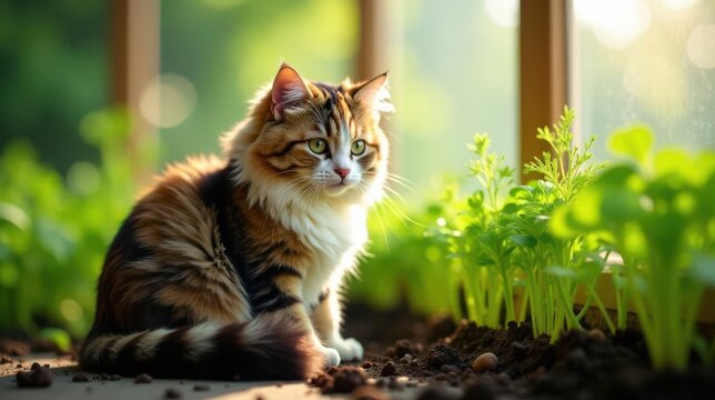 A fluffy long-haired feline companion sits serenely amidst vibrant green seedlings in a sunlit greenhouse, a peaceful scene of domestic tranquility and flourishing life.