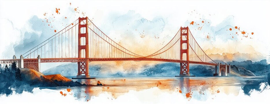 Watercolor painting of a large suspension bridge over calm water with surrounding hills and a cloudy sky with warm and cool tones