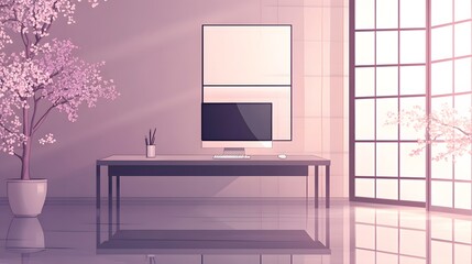 Modern workspace interior design illustration with muted colors.
