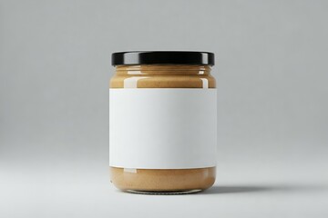 Glass jar mockup: Peanut butter or food spread with blank label. Product packaging.